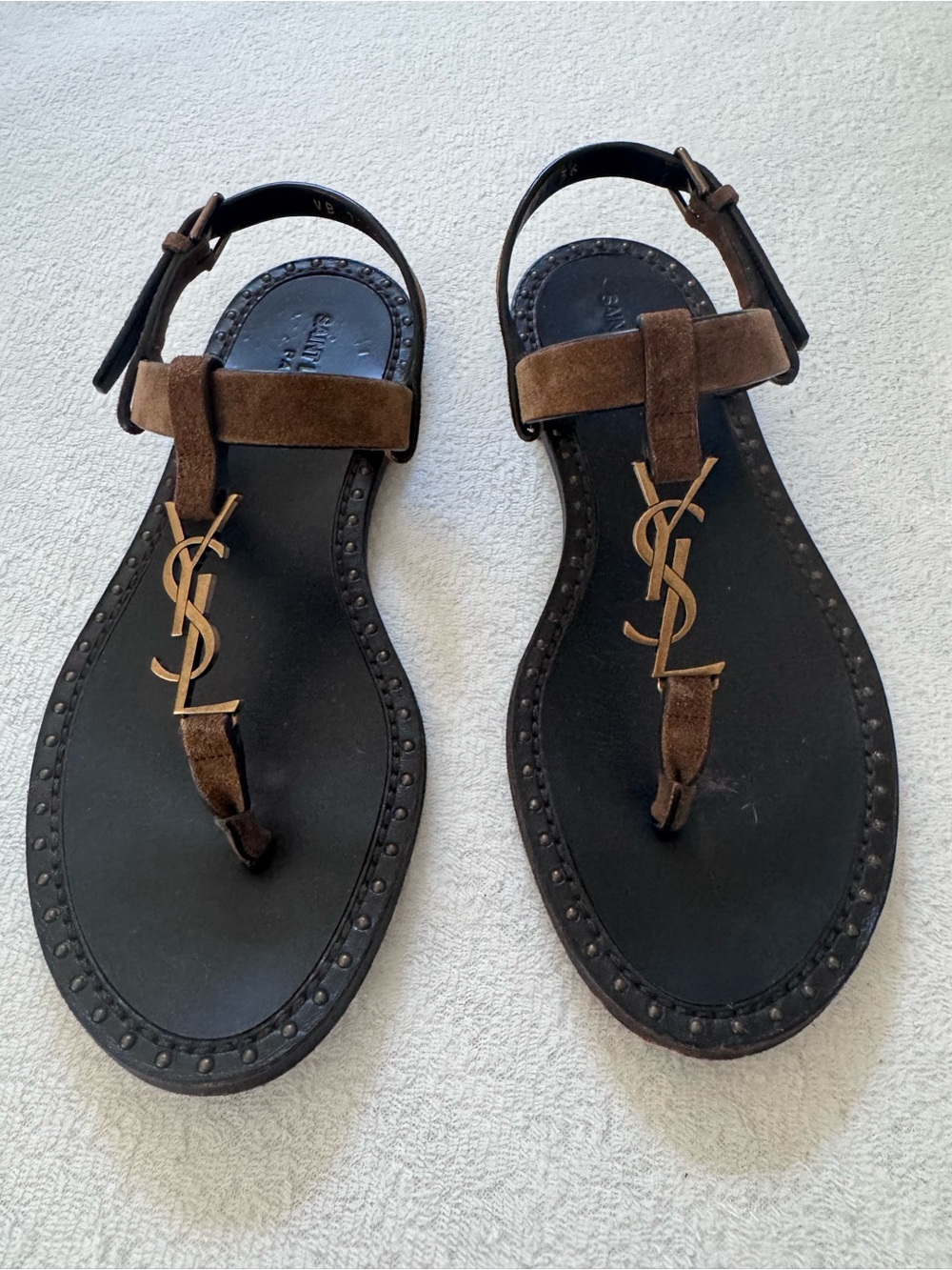 Saint Laurent Brown Suede YSL Logo T-Strap Sandals with Gold Hardware